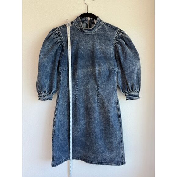 GANNI 90's Acid Wash Stretch Denim Puff Sleeve Mock Neck Cult Mini Dress Size 36 - Picture 12 of 16